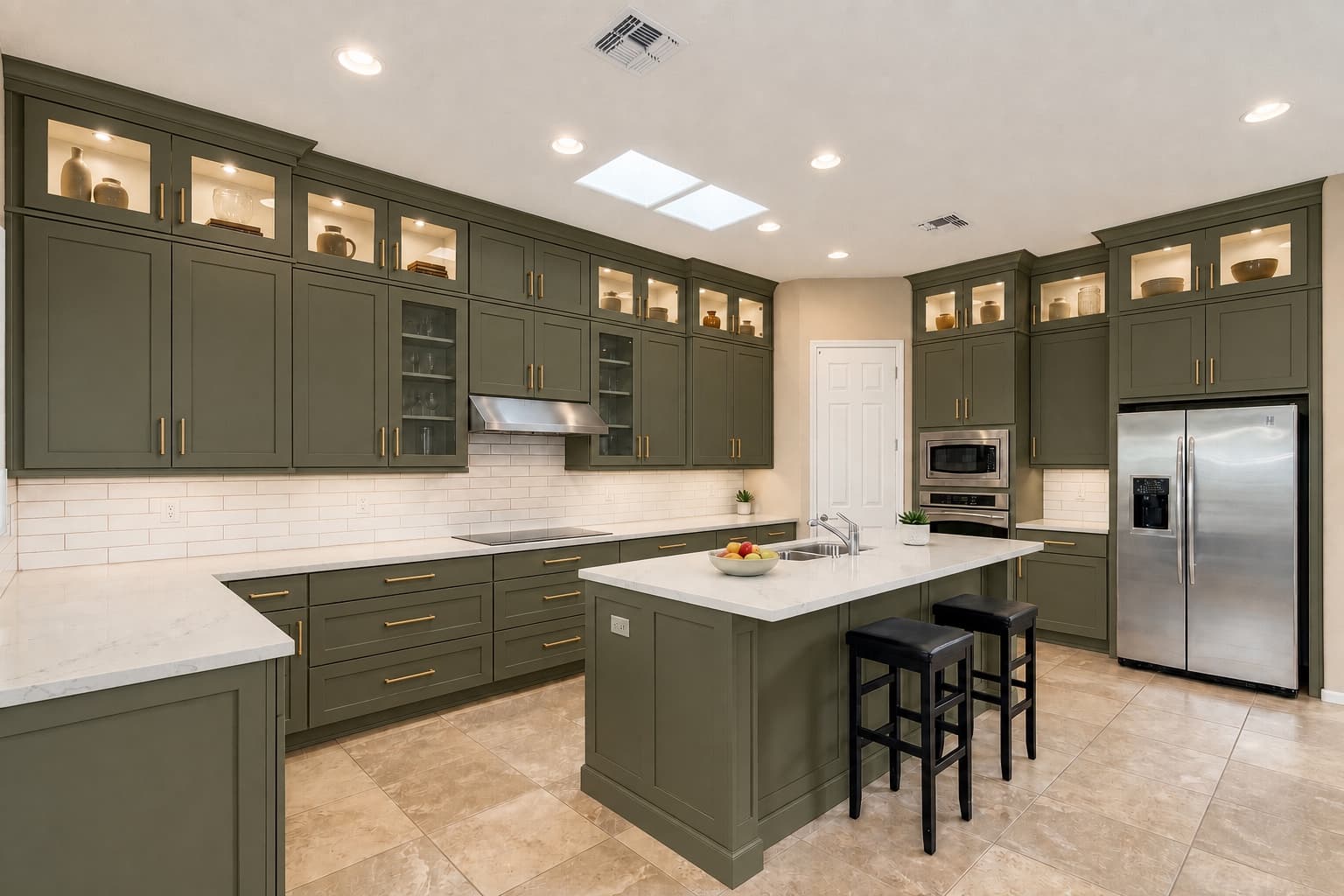 The same kitchen rendered as Deep Olive