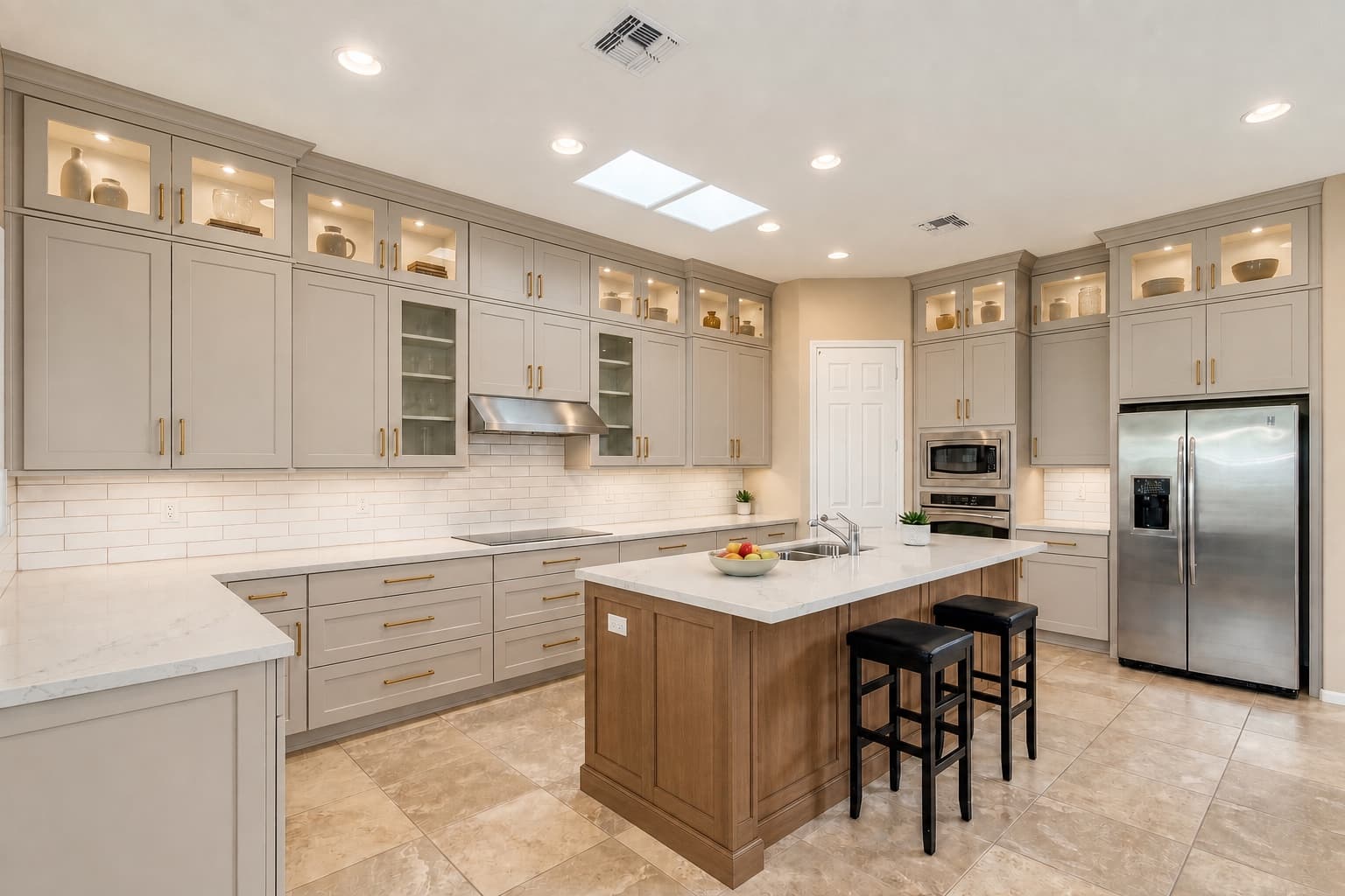 The same kitchen rendered as Mushroom + Walnut